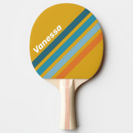 Raquete De Ping Pong Listras Amarelas Retro em Ângulo com Nome