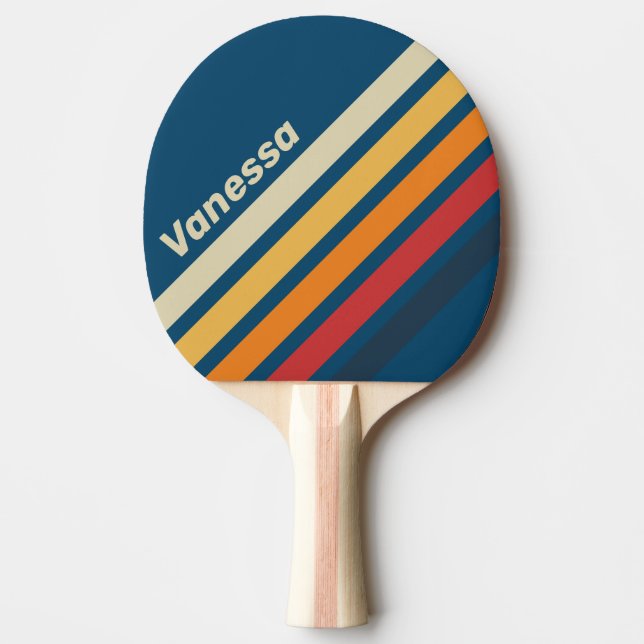 Raquete De Ping Pong Listras Anguladas Arco-íris Azul Clássico com Nome (Frente)