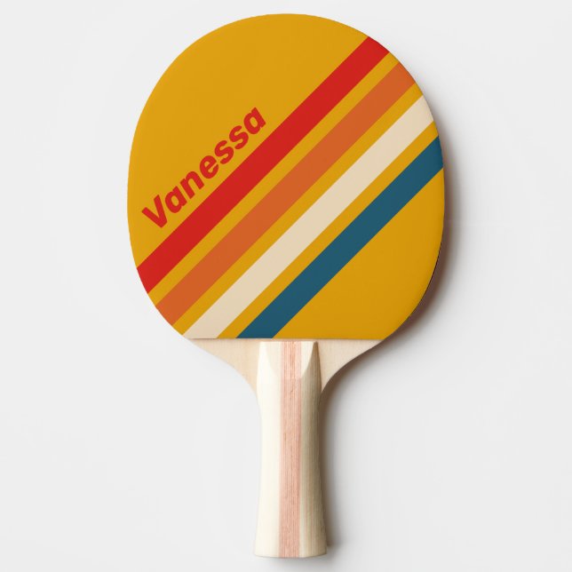 Raquete De Ping Pong Listras Anguladas com Mostarda Retro e Nome (Frente)