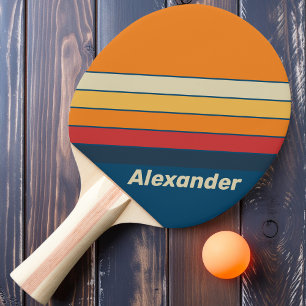 Raquete De Ping Pong Listras Arco-Íris Azul Esporte Vintage com Nome