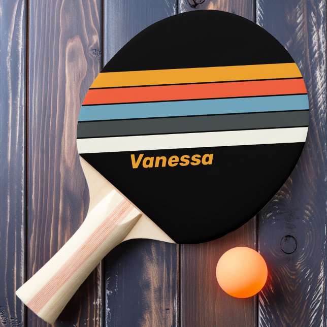 Raquete De Ping Pong Listras Arco-Íris Escuro Retro com Nome (Criador carregado)
