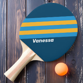 Raquete De Ping Pong Listras Azuis Marinho Retrô com Nome