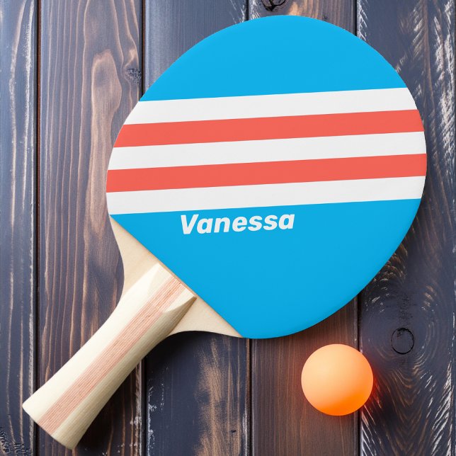Raquete De Ping Pong Listras Azul Céu Retro com Nome (Criador carregado)