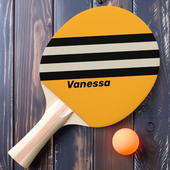 Raquete De Ping Pong Listras de Abelha Retro com Nome (Criador carregado)