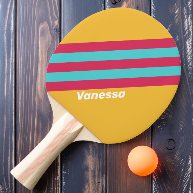 Raquete De Ping Pong Listras de Brisa Tropical Retro com Nome (Criador carregado)