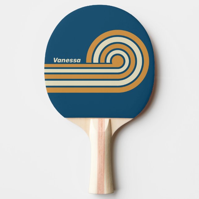 Raquete De Ping Pong Listras de Onda Azul Retro com Nome (Frente)