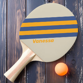 Raquete De Ping Pong Listras do Pôr do Sol Azul Retro com Nome