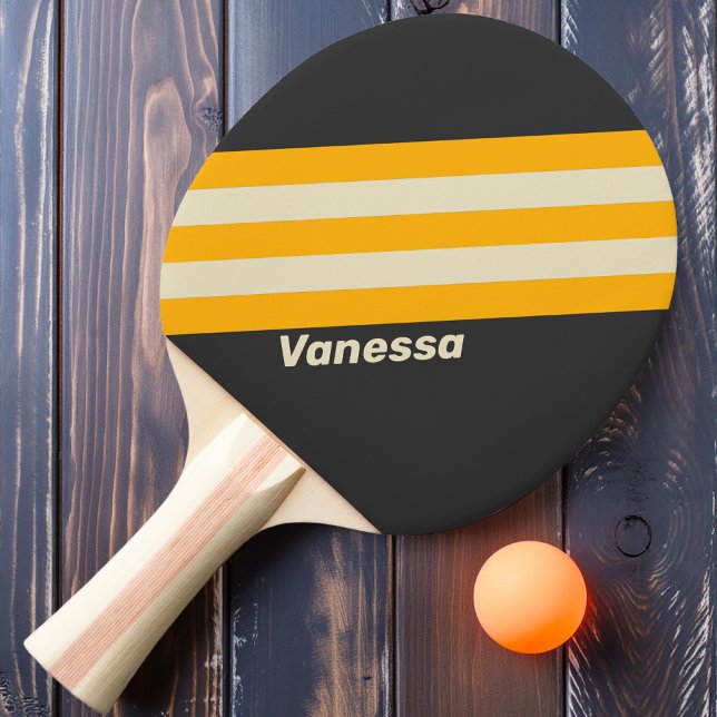 Raquete De Ping Pong Listras do Sol Preto Retro com Nome (Criador carregado)