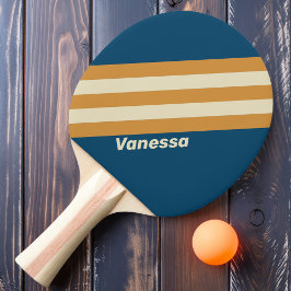 Raquete De Ping Pong Listras Onduladas Azuis Retrô com Nome