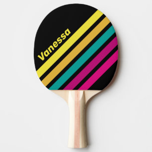 Raquete De Ping Pong Listras Retrô Escuras de 80s com Nome e Faixas Ang