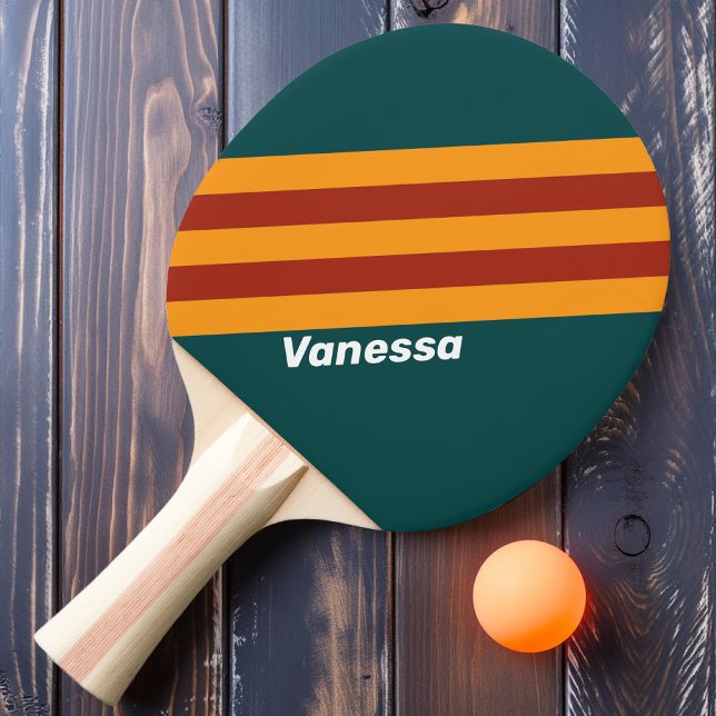 Raquete De Ping Pong Listras Splash Retro Escuro Teal com Nome (Criador carregado)