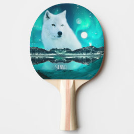 Raquete De Ping Pong Lobo árctico e noite mágica com luzes nortes