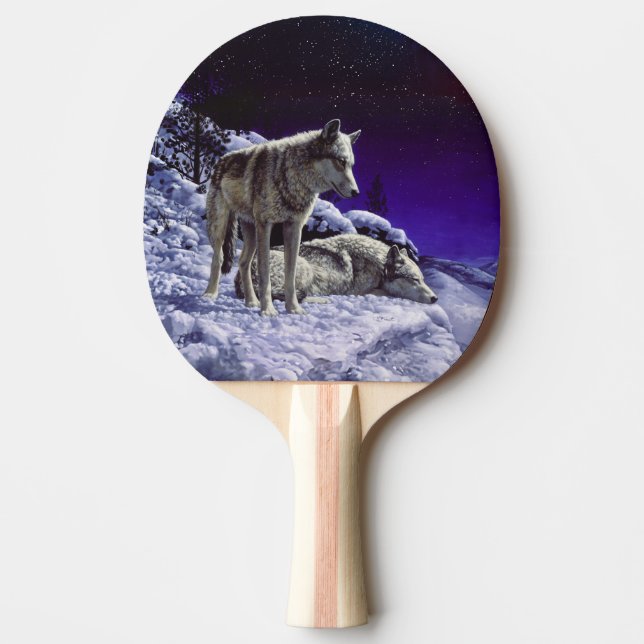 Raquete De Ping Pong Lobos cinzas na neve de inverno à noite (Frente)