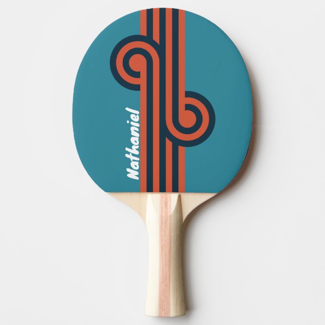 Raquete De Ping Pong Loop de respingo de azul-petróleo retrô com nome (Frente)