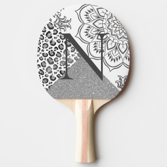 Raquete De Ping Pong Lotus Mandala Silver Leopard Glitter Monograma (Frente)