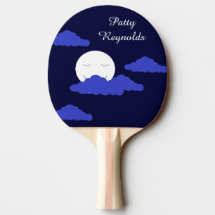 Raquete De Ping Pong Lua cheia sorridente com nuvens: Azul escuro
