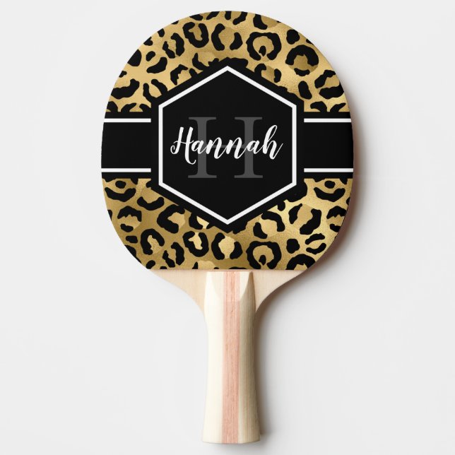 Raquete De Ping Pong Manchas Leopardo Douradas e Negras (Frente)