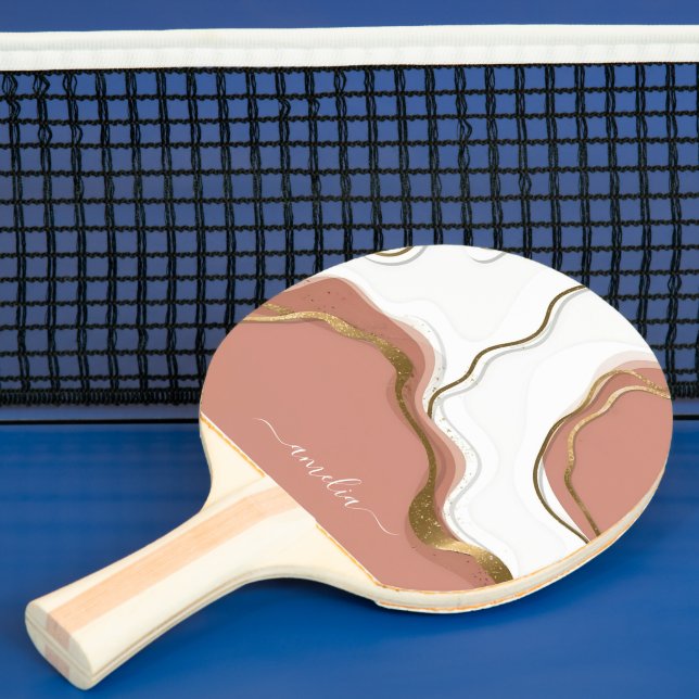 Raquete De Ping Pong Marble Blush Pink Chic Script Girly Monograma Nome (Insitu)