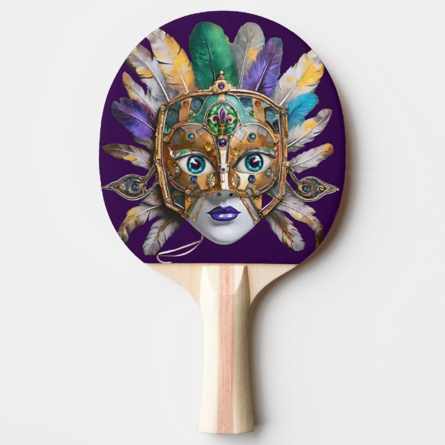 Raquete De Ping Pong Mardi Gras Feather e Metal Mask (Frente)