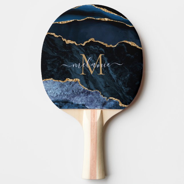 Raquete De Ping Pong Marinho Azul, Dourado, Carta Personalizada Nome Pi (Frente)