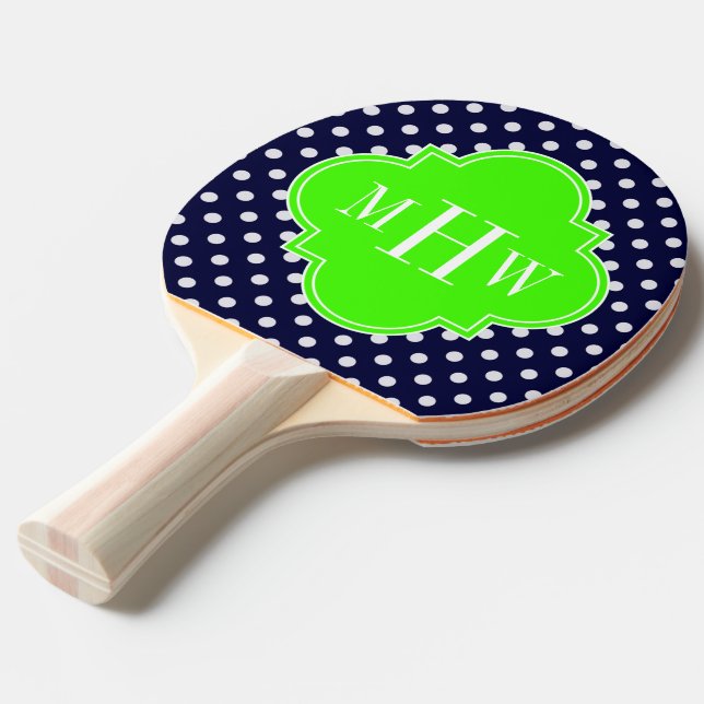 Raquete De Ping Pong Marinho Bolinhas Branco Quatrefoil 3 Monograma Lim (Frente inclinada)