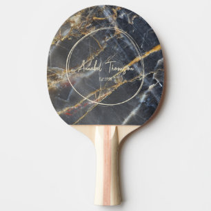 Raquete De Ping Pong Mármore Preto e Nome da Pedra Dourada em Círculo D