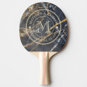 Raquete De Ping Pong Mármore Preto e Pedra Dourada Estrela de Monograma