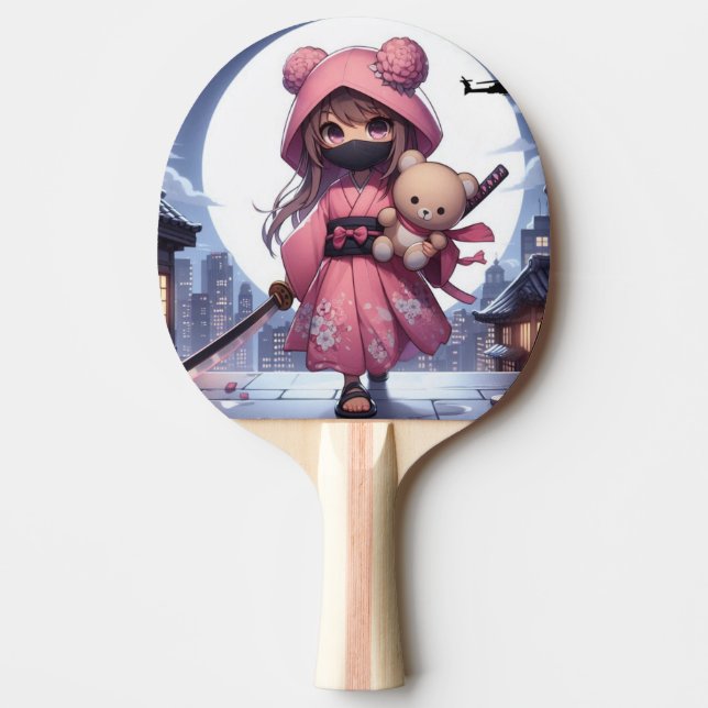 Raquete De Ping Pong Menina e ursinho da guerreira ninja (Frente)