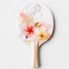 Raquete De Ping Pong Menina fecha os olhos com flor-aquarela