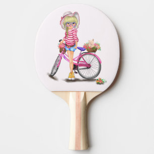 Raquete De Ping Pong Menina Loura-Gira com Bicicleta Rosa e Gato nas Fl