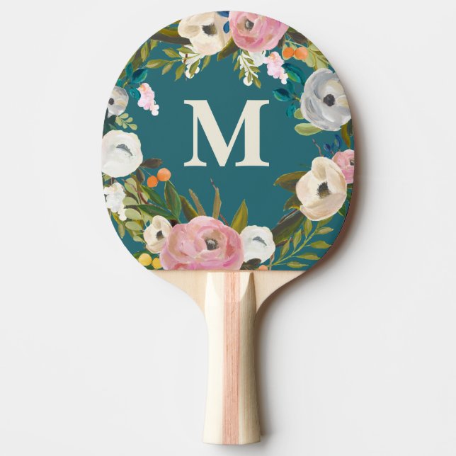 Raquete De Ping Pong Mesa de Monograma Personalizado Floral Pintado (Frente)