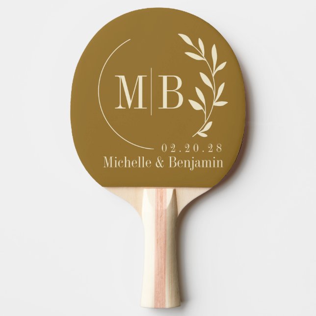 Raquete De Ping Pong Mid-Century Warm Desert Leaf Wedding Monogram (Frente)