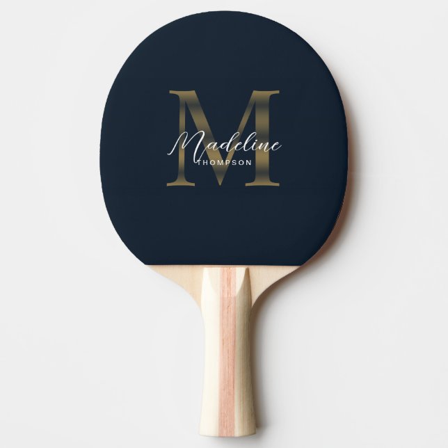 Raquete De Ping Pong Minimalist Script Metallic Navy Blue Gold Monogram (Frente)