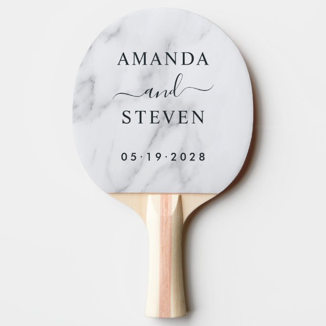 Raquete De Ping Pong Modern Clean White Couple Names with Wedding Date (Verso)