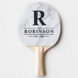 Raquete De Ping Pong Modern Clean White Marble Family Name & Initial