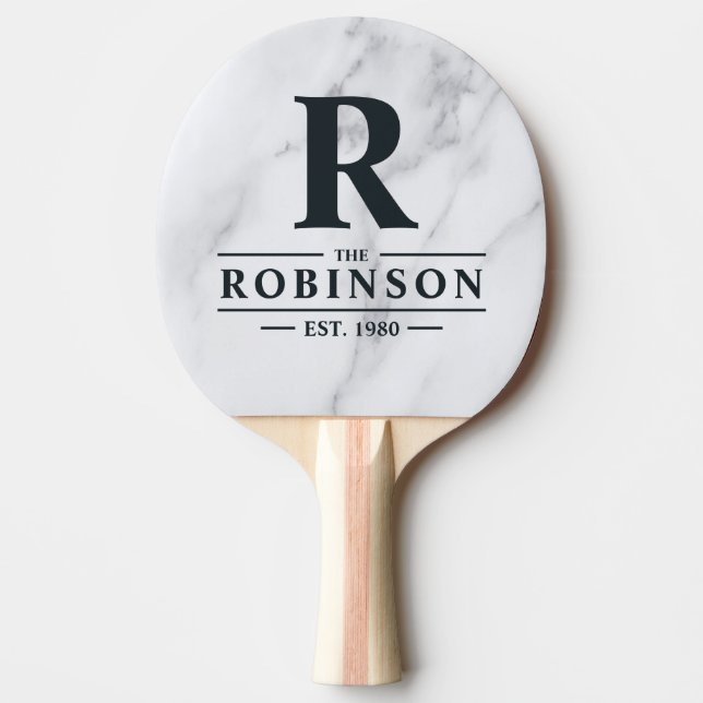 Raquete De Ping Pong Modern Clean White Marble Family Name & Initial (Frente)