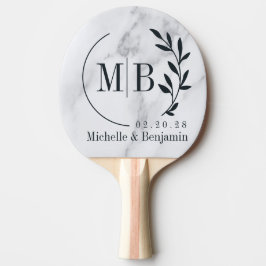 Raquete De Ping Pong Modern Clean White Marble Leaf Wedding Monogram