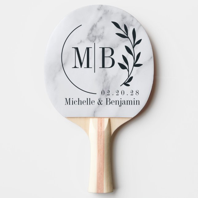 Raquete De Ping Pong Modern Clean White Marble Leaf Wedding Monogram (Frente)