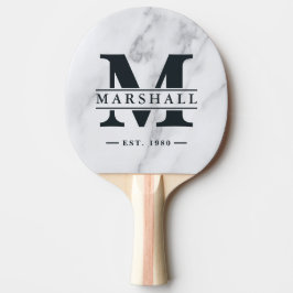 Raquete De Ping Pong Modern Clean White Marble Monogram & Name Overlay