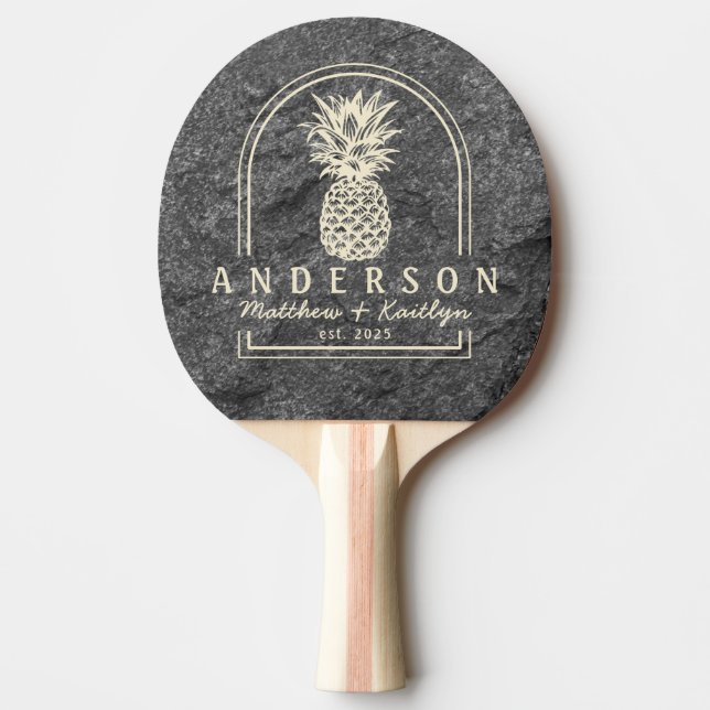 Raquete De Ping Pong Modern Dark Granite Pineapple Wedding Arch & Name (Frente)