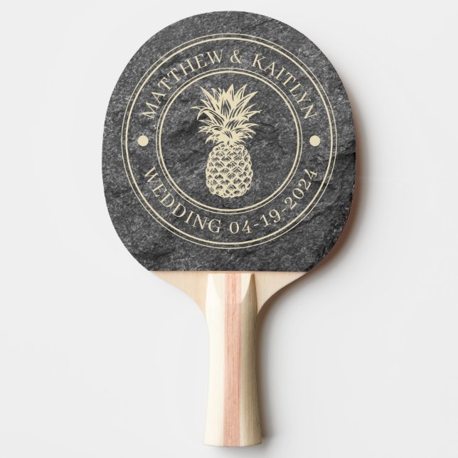 Raquete De Ping Pong Modern Dark Granite Pineapple Wedding Crest & Name (Frente)