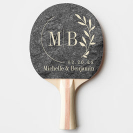 Raquete De Ping Pong Modern Dark Granite Stone Leaf Wedding Monogram