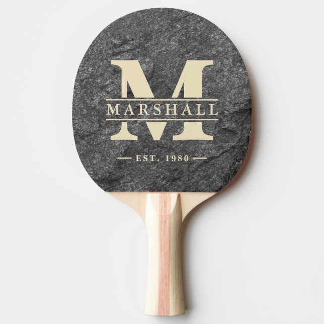 Raquete De Ping Pong Modern Dark Granite Stone Monogram & Name Overlay (Frente)