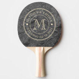 Raquete De Ping Pong Modern Dark Granite Stone Wedding Monogram