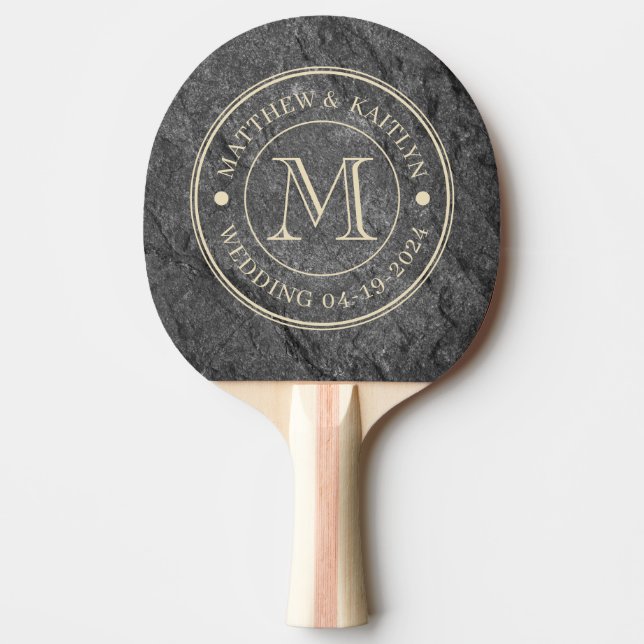 Raquete De Ping Pong Modern Dark Granite Stone Wedding Monogram (Frente)