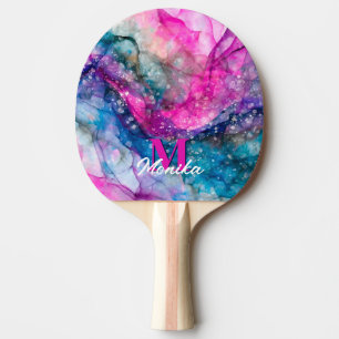 Raquete De Ping Pong Modern Girly Colorful Marble Faux Glitter Monogram