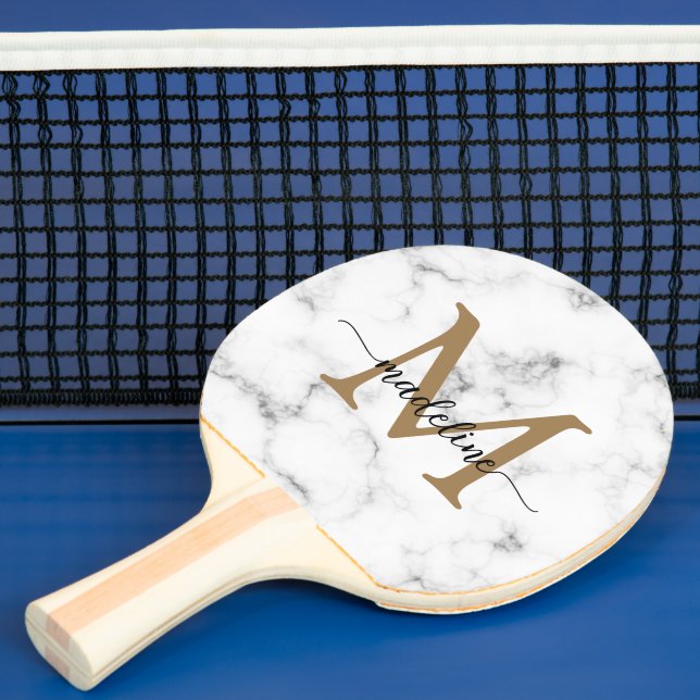 Raquete De Ping Pong Modern Marble Gold Girly Script Monogram (Insitu)