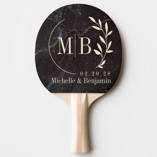 Raquete De Ping Pong Modest Dark Stone  Leaf Wedding Monogram (Frente)