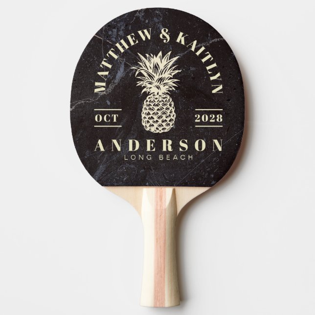 Raquete De Ping Pong Modest Dark Stone Tropical Pineapple Wedding Crest (Frente)