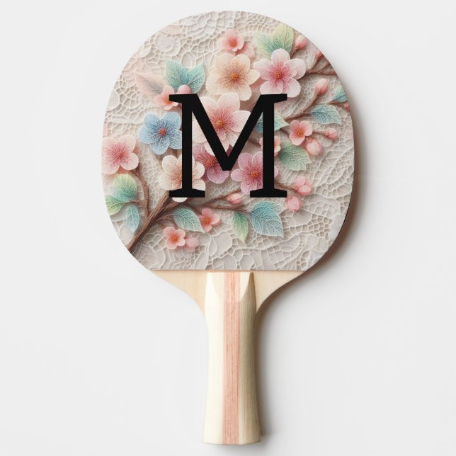 Raquete De Ping Pong Monogram lace floral pink pastel cherry blossom  (Frente)